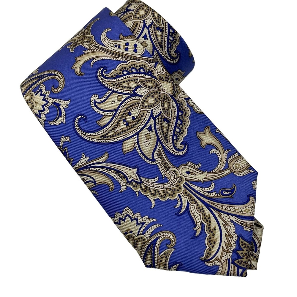 Paul Fredrick Necktie Blue Tan Paisley‎ Silk